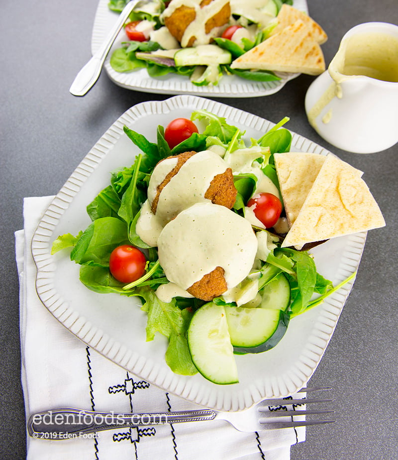Falafel Salad with Warm Pita & Tahini Lemon Dressing