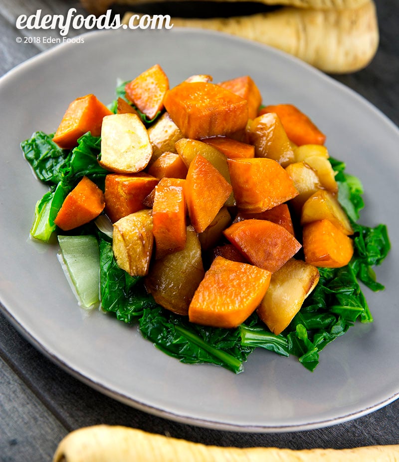 Candied Parsnips & Sweet Potatoes with Greens